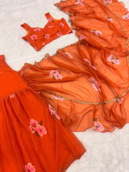 Orange Georgette Lehenga Saree with Real Mirror Lace for Wedding Functions Ready To Wear Saree 