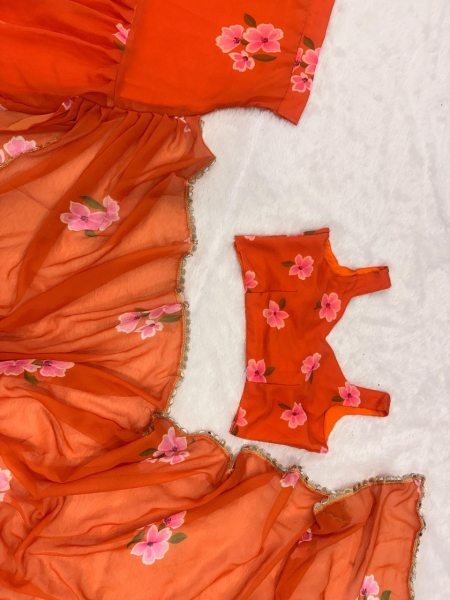 Orange Georgette Lehenga Saree with Real Mirror Lace for Wedding Functions Ready To Wear Saree 