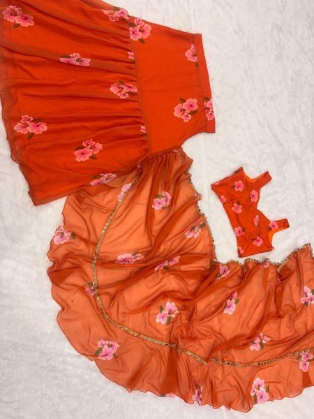 Orange Georgette Lehenga Saree with Real Mirror Lace for Wedding Functions Ready To Wear Saree 