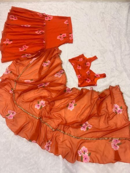 Orange Georgette Lehenga Saree with Real Mirror Lace for Wedding Functions Ready To Wear Saree 