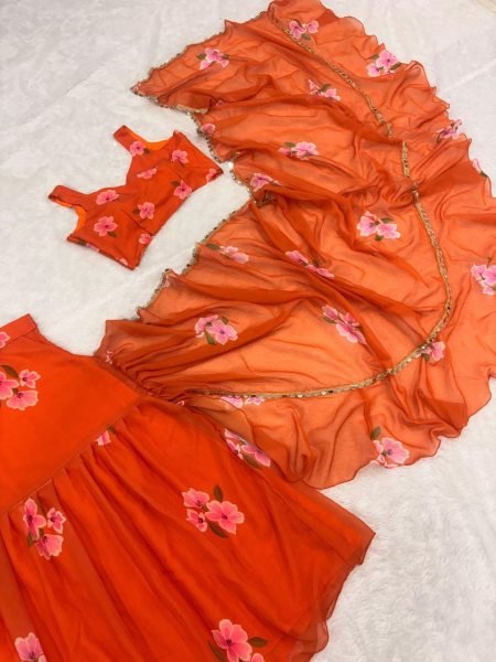 Orange Georgette Lehenga Saree with Real Mirror Lace for Wedding Functions Ready To Wear Saree 