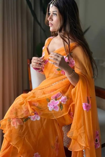 Orange Georgette Lehenga Saree with Real Mirror Lace for Wedding Functions Ready To Wear Saree 