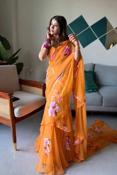 Orange Georgette Lehenga Saree with Real Mirror Lace for Wedding Functions Ready To Wear Saree 