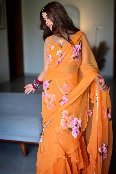 Orange Georgette Lehenga Saree with Real Mirror Lace for Wedding Functions Ready To Wear Saree 