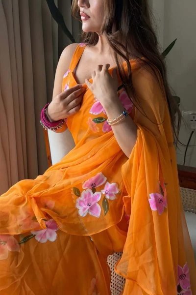 Orange Georgette Lehenga Saree with Real Mirror Lace for Wedding Functions Ready To Wear Saree 