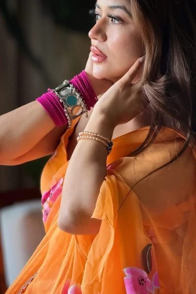 Orange Georgette Lehenga Saree with Real Mirror Lace for Wedding Functions Ready To Wear Saree 