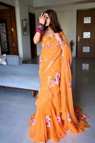 Orange Georgette Lehenga Saree with Real Mirror Lace for Wedding Functions Ready To Wear Saree 