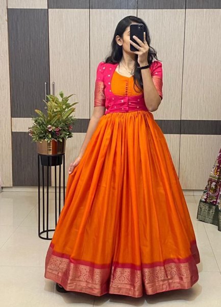 Orange Gown with Dola Checks Koti   Broad Border for Wedding Functions Haldi Ceremony Outfits