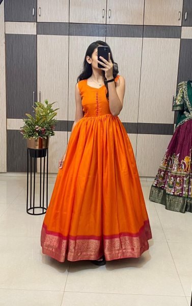 Orange Gown with Dola Checks Koti   Broad Border for Wedding Functions Plus Size Kurti / Gown