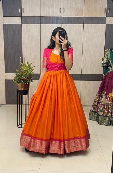Orange Gown with Dola Checks Koti   Broad Border for Wedding Functions Plus Size Kurti / Gown