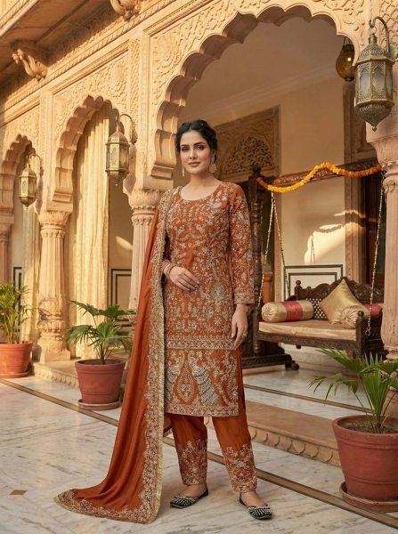 Orange Heavy Crepe Silk Punjabi Suit with Farshi Salwar for Wedding Wear Ready To Wear Collection