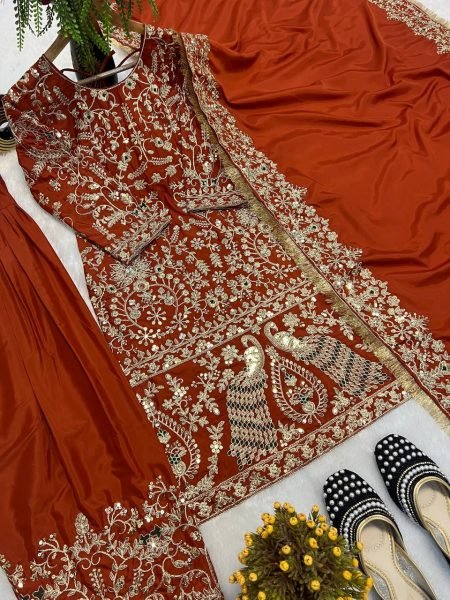 Orange Heavy Crepe Silk Punjabi Suit with Farshi Salwar for Wedding Wear Ready To Wear Collection
