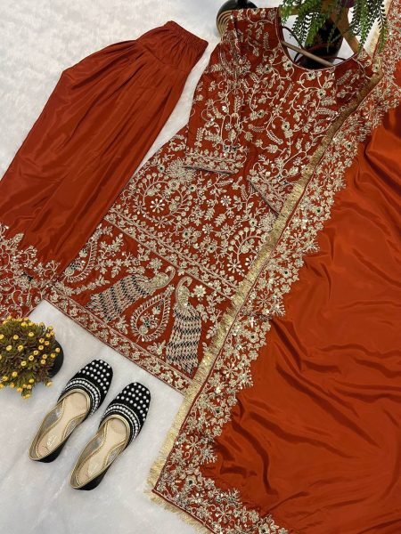 Orange Heavy Crepe Silk Punjabi Suit with Farshi Salwar for Wedding Wear Ready To Wear Collection