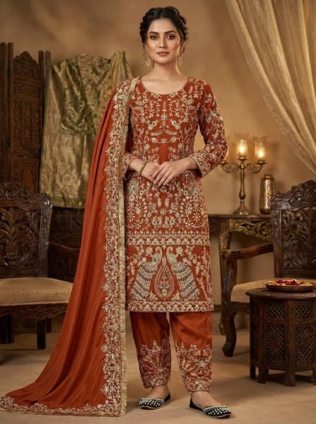Orange Heavy Crepe Silk Punjabi Suit with Farshi Salwar for Wedding Wear Ready To Wear Collection