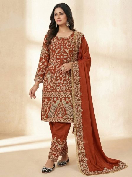 Orange Heavy Crepe Silk Punjabi Suit with Farshi Salwar for Wedding Wear Ready To Wear Collection