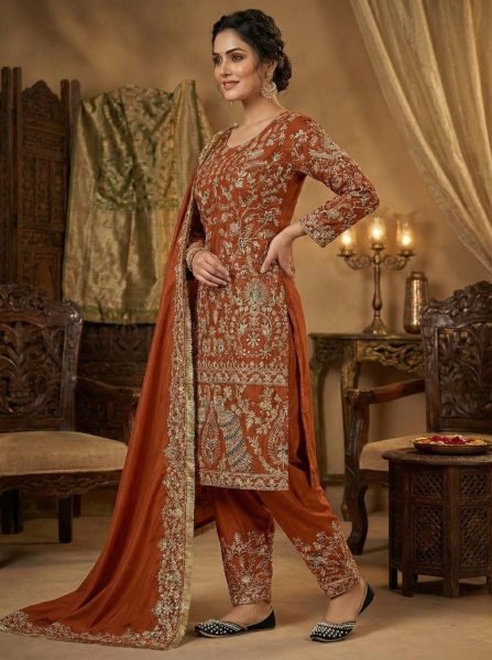 Orange Heavy Crepe Silk Punjabi Suit with Farshi Salwar for Wedding Wear Ready To Wear Collection