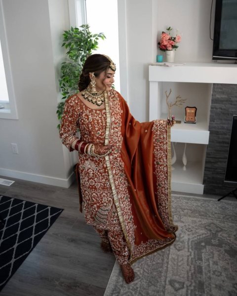 Orange Heavy Crepe Silk Punjabi Suit with Farshi Salwar for Wedding Wear Ready To Wear Collection