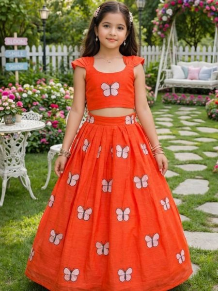 Orange Kids Cotton Embroidered Lehenga Choli for Summer Festive Wear Kurtis