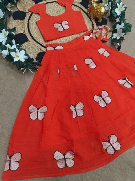 Orange Kids Cotton Embroidered Lehenga Choli for Summer Festive Wear Girls Wear