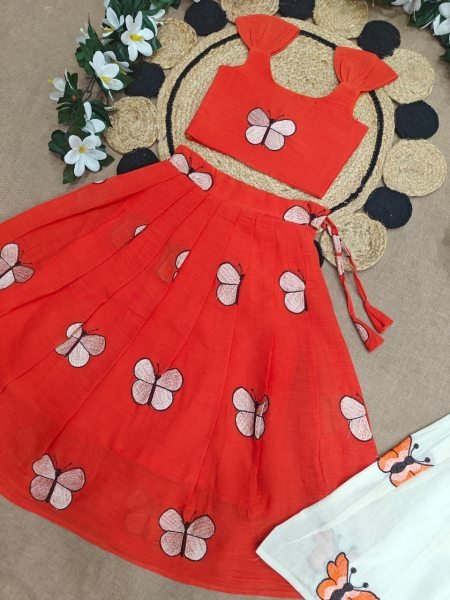 Orange Kids Cotton Embroidered Lehenga Choli for Summer Festive Wear Girls Wear