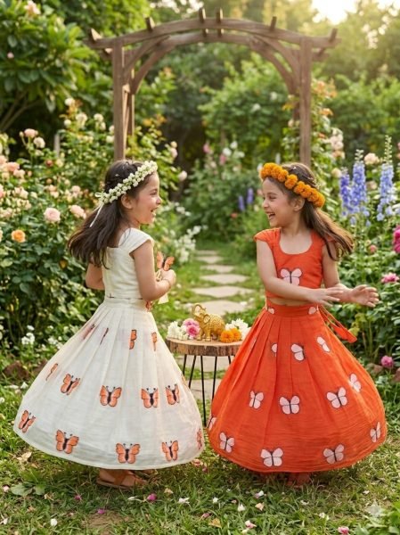 Orange Kids Cotton Embroidered Lehenga Choli for Summer Festive Wear Girls Wear