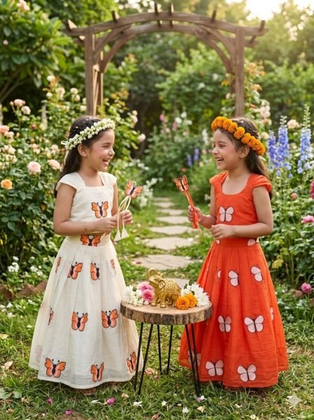 Orange Kids Cotton Embroidered Lehenga Choli for Summer Festive Wear Girls Wear