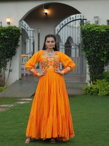 Orange Kutchi Rayon Gown with Flare Navratri Garba Dress
