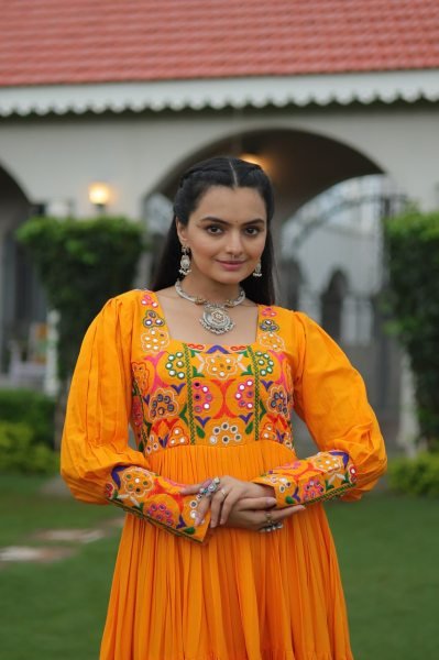 Orange Kutchi Rayon Gown with Flare Navratri Garba Dress Navratri Collection