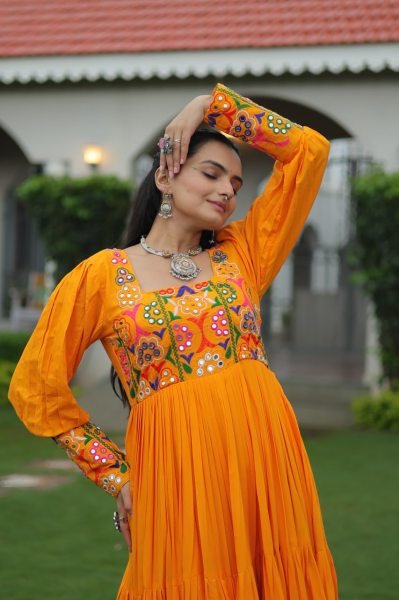 Orange Kutchi Rayon Gown with Flare Navratri Garba Dress Navratri Collection