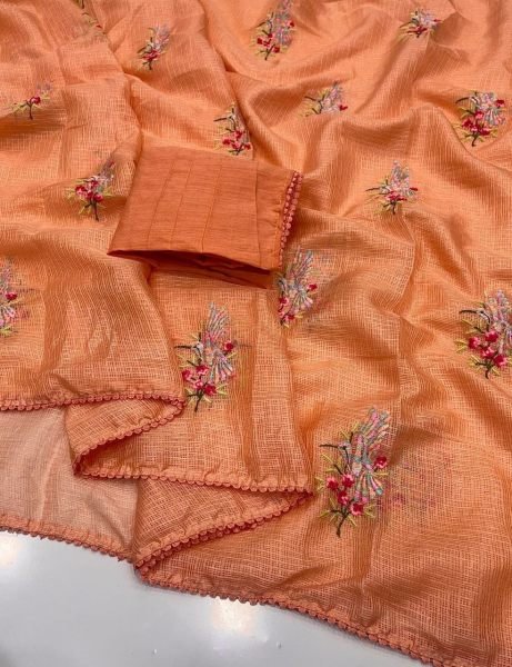 Orange Lightweight Kota Doriya Saree with Embroidery Work for Summer Wear Embroidery Sarees Wholesale