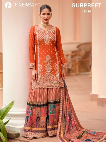 Orange Luxury Chinon Silk Top Plazzo Set for Party and Wedding Wear Salwar Kameez
