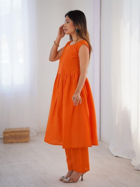 Orange Magic Slub Cotton Kurti   Pant Set Comfortable Ready to Wear Wholesale Manufacturer Rate Kurti With Bottom Wholesale