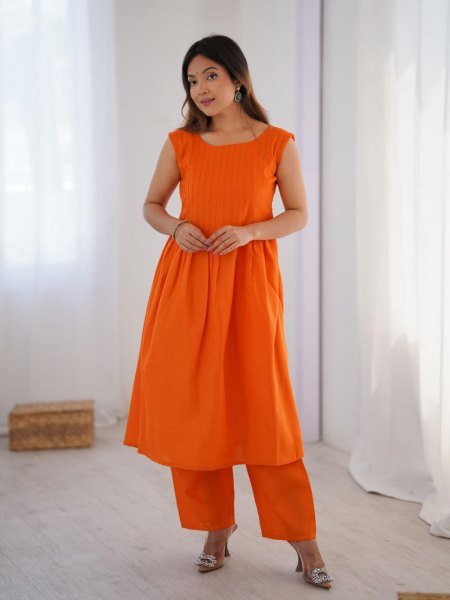 Orange Magic Slub Cotton Kurti   Pant Set Comfortable Ready to Wear Wholesale Manufacturer Rate Kurti With Bottom Wholesale