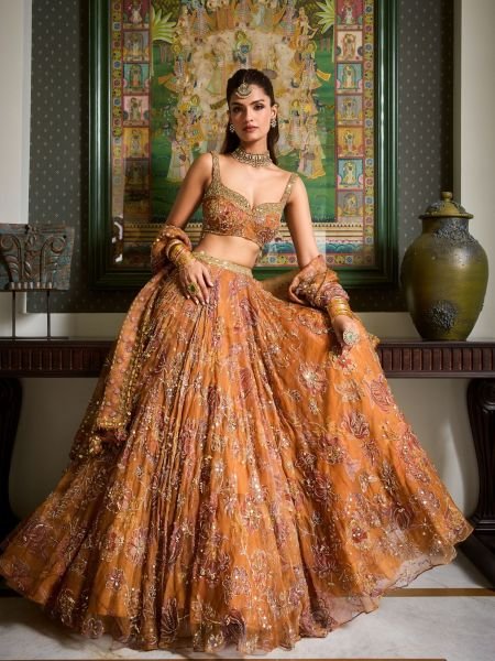 Orange Party Wear Taby Silk Lehenga Choli with Real Mirror Work at Manufacturer Rate  Lehenga