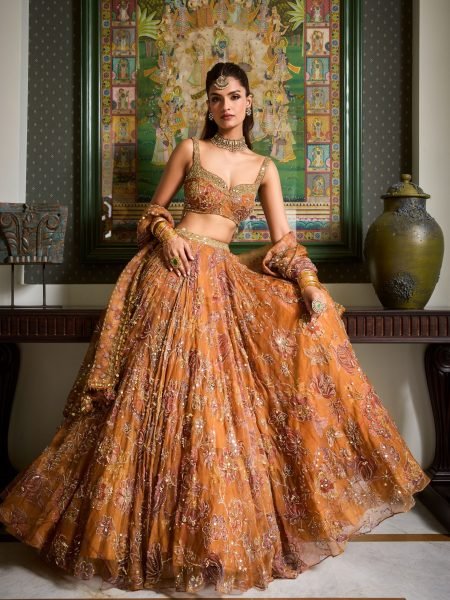 Orange Party Wear Taby Silk Lehenga Choli with Real Mirror Work at Manufacturer Rate Designer Lehenga Choli