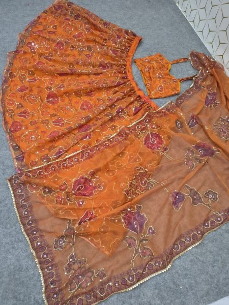 Orange Party Wear Taby Silk Lehenga Choli with Real Mirror Work at Manufacturer Rate Designer Lehenga Choli