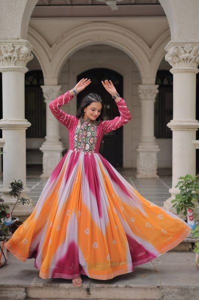 Orange Pink Faux Georgette Bandhej Gown with Gamthi Embroidery Festive Celebration Wear Navratri Collection