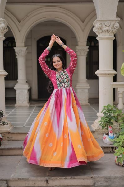 Orange Pink Faux Georgette Bandhej Gown with Gamthi Embroidery Festive Celebration Wear Navratri Collection