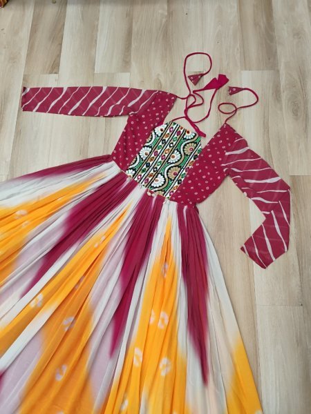 Orange Pink Faux Georgette Bandhej Gown with Gamthi Embroidery Festive Celebration Wear Navratri Collection