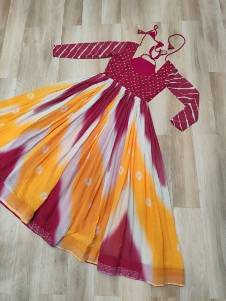 Orange Pink Faux Georgette Bandhej Gown with Gamthi Embroidery Festive Celebration Wear Navratri Collection