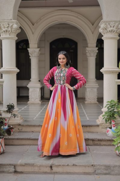 Orange Pink Faux Georgette Bandhej Gown with Gamthi Embroidery Festive Celebration Wear Navratri Collection
