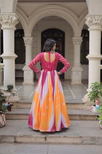 Orange Pink Faux Georgette Bandhej Gown with Gamthi Embroidery Festive Celebration Wear Navratri Collection