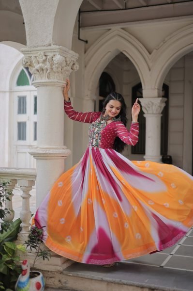 Orange Pink Faux Georgette Bandhej Gown with Gamthi Embroidery Festive Celebration Wear Navratri Collection