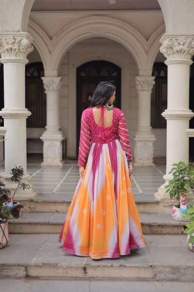 Orange Pink Faux Georgette Bandhej Gown with Gamthi Embroidery Festive Celebration Wear Navratri Collection