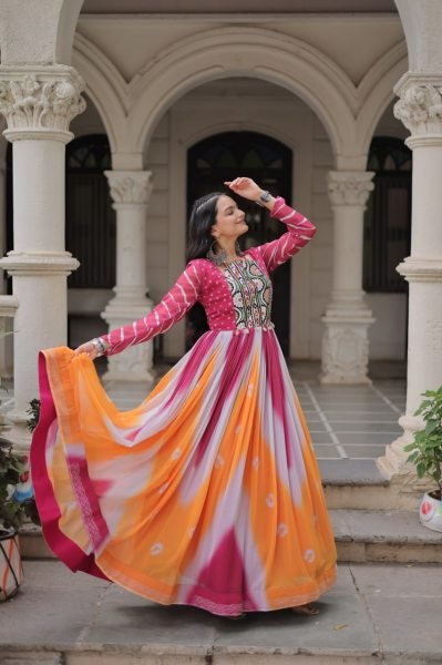 Orange Pink Faux Georgette Bandhej Gown with Gamthi Embroidery Festive Celebration Wear Navratri Collection