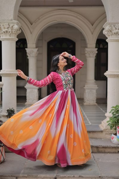 Orange Pink Faux Georgette Bandhej Gown with Gamthi Embroidery Festive Celebration Wear Navratri Collection