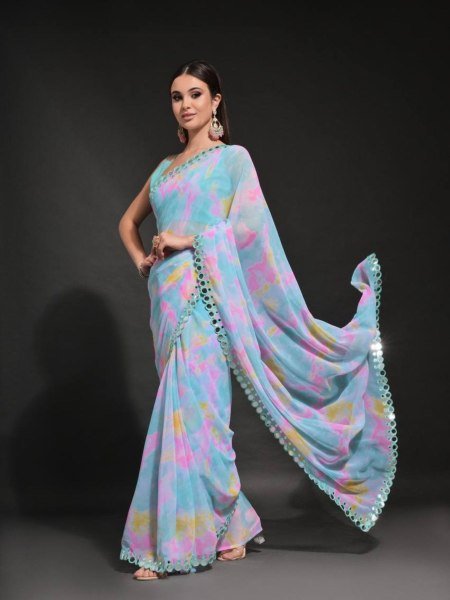 Sky Blue Printed Georgette Saree With Embroidered Lace Pure Chiffon Sarees Wholesale
