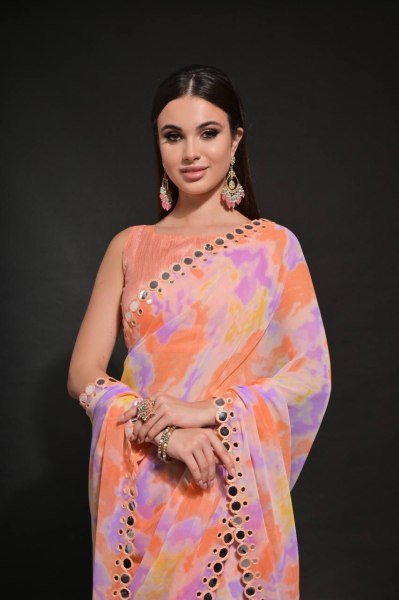 Orange Prizam Print Embroidered Georgette Saree Set at Best Price in Surat Pure Chiffon Sarees Wholesale