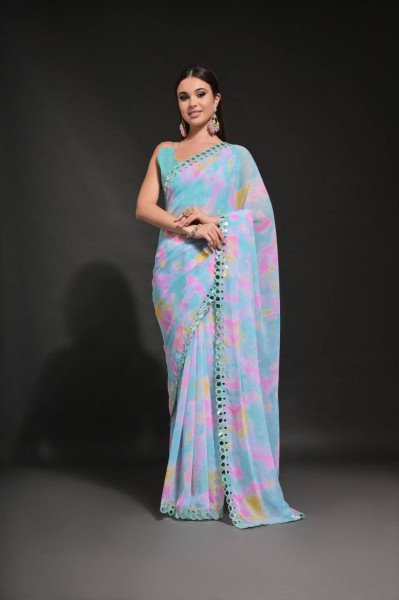 Sky Blue Printed Georgette Saree With Embroidered Lace Pure Chiffon Sarees Wholesale