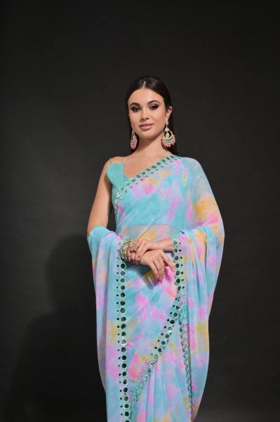 Sky Blue Printed Georgette Saree With Embroidered Lace Pure Chiffon Sarees Wholesale